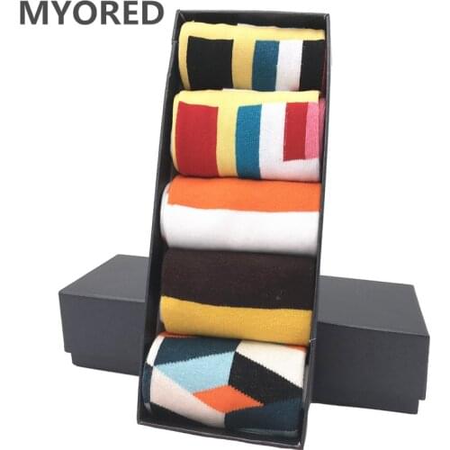 MYORED drop shipping latest fashion high quality Multicolored long businesscasual combed cotton sqaure pattern weddinggift sock