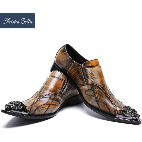 Christia Bella Luxury Men Dress Shoes Brown Genuine Leather Men Shoes Iron Pointed Toe Business Shoes Sepatu Pria Shoes Men