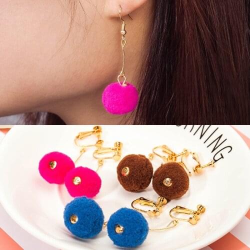 Pink Rosy White Blue etc Colors Flannel Ball Golden Ear Clips & Hook Dangle Earrings Drop Earrings for Women