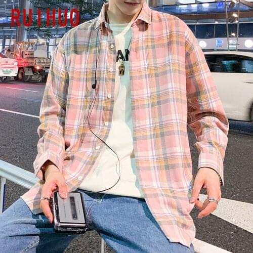 RUIHUO Harajuku Mens Shirt Plaid Shirt Men Shirts For Men Clothing Checkered Shirt Men Blouse M-4XL 2021 Spring New Arrival