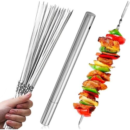 Skewers for Barbecue Reusable Grill Stainless Steel Skewers Shish Kebab BBQ Camping Flat Forks Gadgets Kitchen Accessories Tools