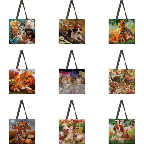 Cat and dog linen shopping bag reusable handbag womens shoulder cloth bag foldable linen bag beach tote bag