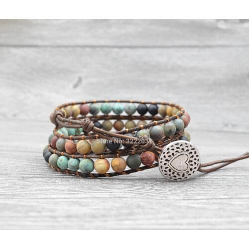 Vintage Leather Bracelets 6MM Matte Stone 3 Strands Wrap Bracelets Woven Multilayer Boho Bracelet Handmade Jewelry Dropshipping
