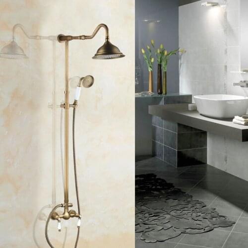 Vintage Retro Antique Brass Wall Mounted Bathroom 8.2" Round Rain Shower Head Faucet Set Dual Ceramic Handles Mixer Tap man516