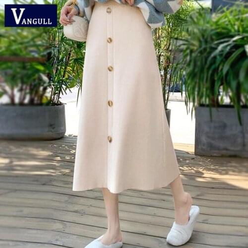 Vangull Elastic Waist Knitted Skirt Women Korean Version Spring Autumn New Slim A-Line Skirt Mid-Calf Female Party Sweater Skirt