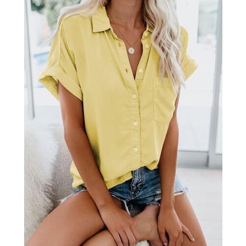 Women Casual Solid Tops Casual Short Sleeve Button Shirts LadyTurn Down Collar Loose with Pocket Single-Breasted Summer Fashion