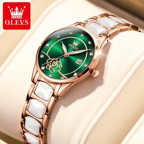 OLEVS Luxury Ladies Ceramic Watch White Camellia Dial Quartz 30M Waterproof Watch Bracelet Set Ladies Diamond Sports Clock 2021