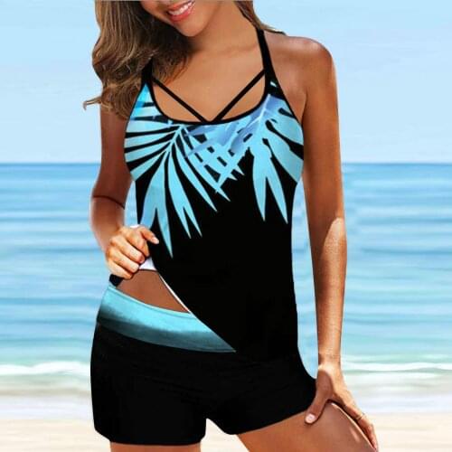Bathing Suit Women Plus Size Leaf Print Strappy Back Tankini Set Two Piece Swimsuits Swimdress Swimming Suit For Women Biquini