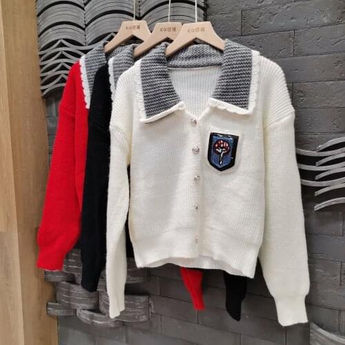 Sweater cardigan women Christmas 2021 autumn winter casual v neck loose single breasted red Sequined knitted jackets outwear top