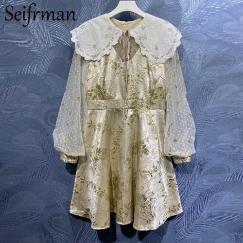 Seifrmann New 2021 Summer Women Fashion Runway Party Midi Dress Lantern Sleeve Ruffles High Waist Elegant Ladies A-Line Dresses