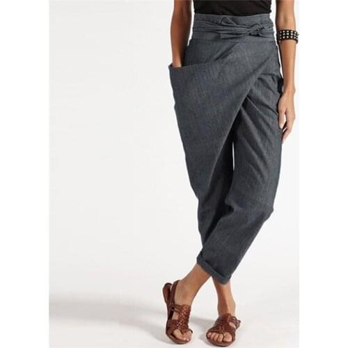 2020 Fashion Pencil Pants Women Lace Up Trousers Casual Elastic Waist Casual Pantalon Irregular Belted Solid Lace Up Turnip