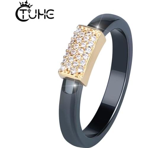 Gold Color Rings for Women Healthy Black White Pink Ceramic Rings With Bling Crystal 3mm Width Jewelry Anniversary Gift Whoesale