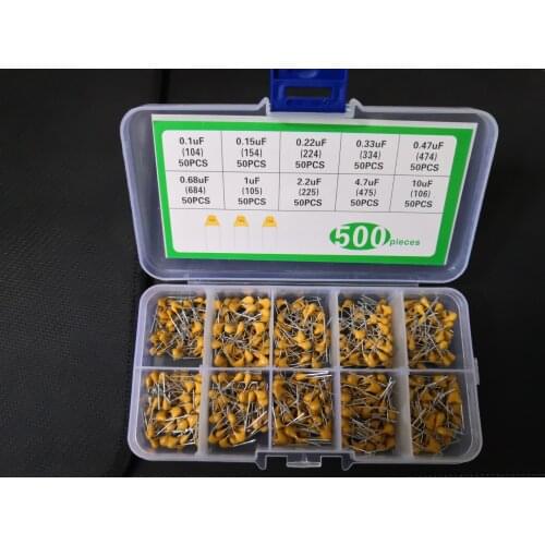 1 Box 500pc Monolithic Capacitor kit 10 Value 104 105 106 154 223 334 474 684 225 475/10 4.7 2.2 0.68 0.47 0.33 0.22 0.15 0.1 UF