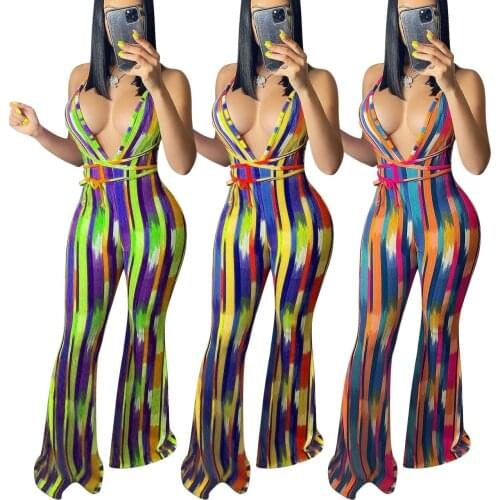 2021 Summer Irregular Stripe Printed Fashionable Womens Comfortable Deep V Neck Slim Fit Flare Jumpsuit with Halter Sling
