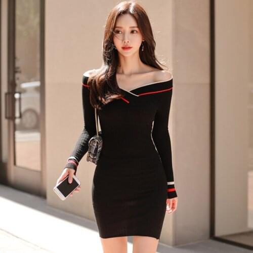 Off Shoulder Mini Dress Cross V-neck Stripe Slim Rabbit Cashmere Knitting Fashion Bag Hip Sexy Party Vestido Vintage Harajuku