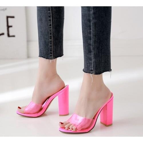 Fashion High Heels Mules Women Flip Flops Braided Jelly Sandals Woman transparent Shoes Square Open Toe Party wedding Pumps