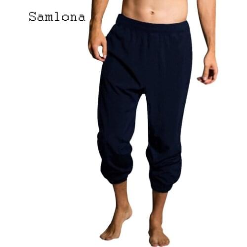 Samlona 2021 Mens Stand Pocket Casual Linen Pants Elastic Waist Trouser Plus Size 3xl Mens Ankle-Length Pants Men Streetwear