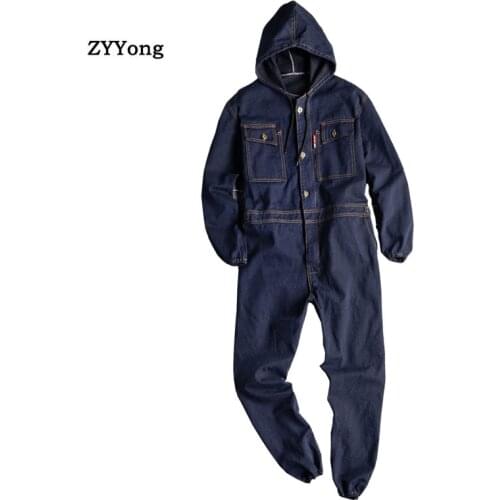 Man Jeans Jumpsuits Bib Overalls Long Sleeve Hooded Beam Feet Denim Cargo Streetwear Hip Hop Trousers Fashion Leisure Pants