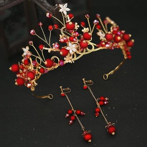 Red Jewelry Set Crown Bridal Headdress Fairy Hair Accessories Jewelry Super Wedding Toast Clothing Hair Accessories Handmade