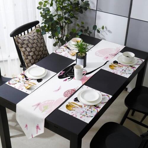 Butterfly Girl Bicycle Flower Pink White Table Runner Set for Home Kitchen Dining Table Wedding Party Holiday Dinner Decoration