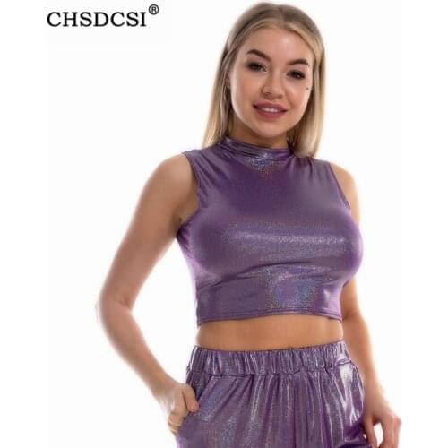 CHSDCSI Sexy Crop Tops for Women Tank Female Solid Top Streetwear Shiny Sleeveless Camis Girl Club Dance Plus Size Cropped Femme