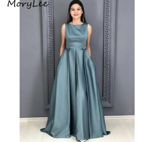 Sexy Prom Dresses Scoop Sleeveless A-Line High Quality Satin Pleated Prom Dresses Lace Up Back vestidos de fiesta de noche