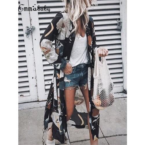 Chiffon Beach Bikini Sunscreen Clothing Dress Cardigan Long Print Bandage Vacation Beachwear Cover Up Beach Women Blouse