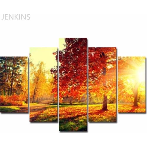 Modern 5 Pieces/Pcs Canvas Painting Landscape Art Sunset Autumn Scenery Live Wall art Decoration Forest Picture Poster Jenkins