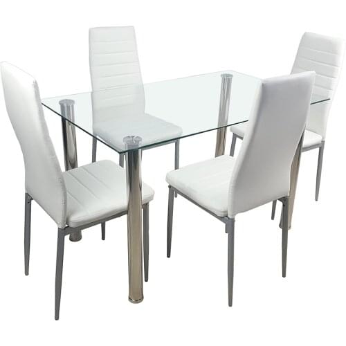 In Stock 110cm Dining Table Set Tempered Glass Dining Table with 4pcs Chairs Transparent & Creamy White Dining table and Chairs