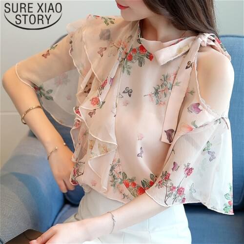 Womens tops and blouses women shirts blusas mujer de moda 2018 Print Ruffles Half Chiffon blouse Butterfly Sleeve 1887 50