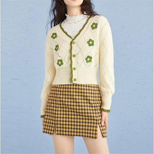 Women Kawaii Knitted Button Flower Pattern Cardigan V-Neck Long Sleeve Single-Breasted Sweaters Winter Autumn Outwaer 2021