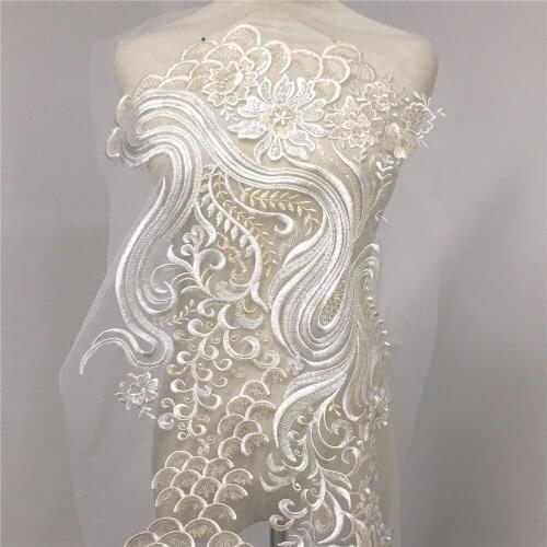 1 Piece 100*41cm Big Flower Lace Applique Champagne Gold Ivory Gauze Lace Neckline Collar Trim Sewing Supplies Craft