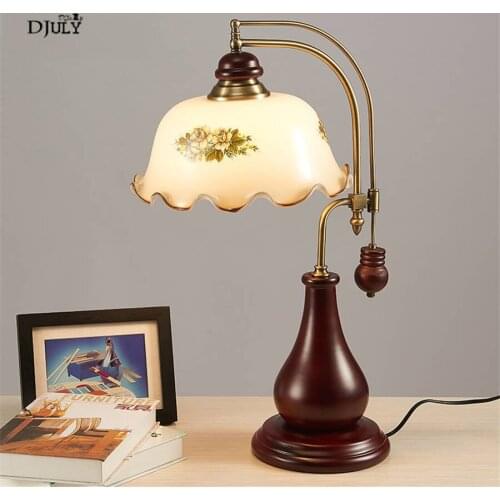 19th Century Country Retro Table Lamp Living Room Study Wooden Base Glass Bedroom Bedside Restaurant Home Decoration Table Light