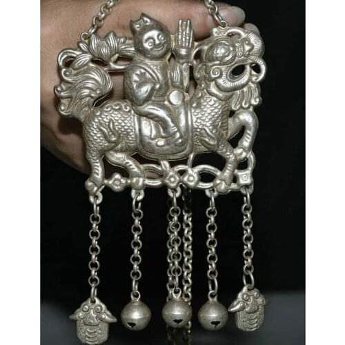 4.8" Old Chinese Silver Dynasty Palace Tongzi Kid Ride Kylin Qilin Beast Pendant