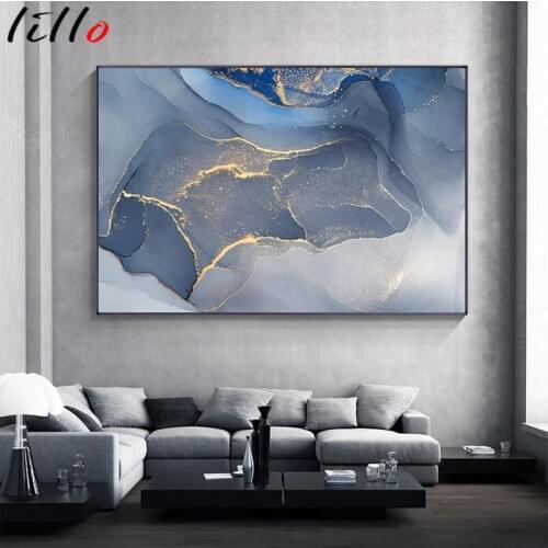 Marble texture abstract blue gold poster wall art print modern style nordic canvas ink painting decorative image home decor