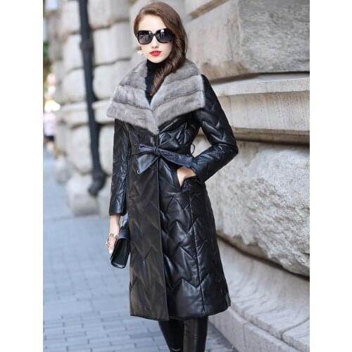 Free Shipping New Genuine Lamb Leather Jacket X-long Womens Down Coat with XXL Mink Fur Collar Sheepskin Wholesale Retail OEM