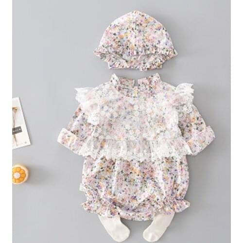 Newborn Baby Girl Clothes Set Floral Lace Bib Long Sleeve Romper Flower Shorts Jumpsuits Hat Outfit New Born Infant Clothing New