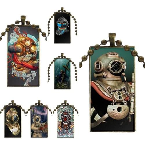 For Women Kids Gift Glass Cabochon Choker Pendant Rectangle Necklace Bronze Color Jewelry Scuba Diving Helmet Underwater Mask