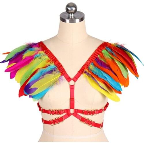 Women Feather Epaulettes Harness Cage Bra Lingerie Cosplay Gothic Tops Elastic Adjust Shoulder Epaulettes Wings Bra Dance Rave