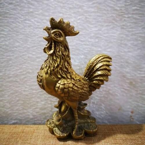 Chinese brass wealth money coin ingot animal zodiac chicken rooster statue decoration