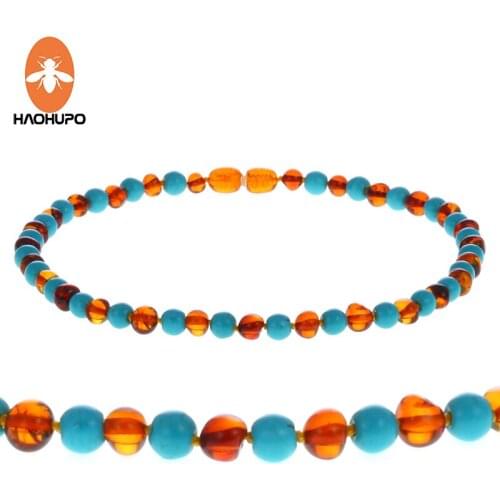 HAOHUPO 12''--24'' Natural Cognac Amber Necklace Turquoise Knotted Baltic Amber for Mother Baby Ambar Jewelry Diy Adult Necklace