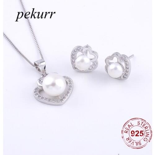 Pekurr 925 Sterling Silver Zircon Heart In Heart Freshwater Natural Pearl Earrings Necklace Sets For Women Pendants Jewelry Set
