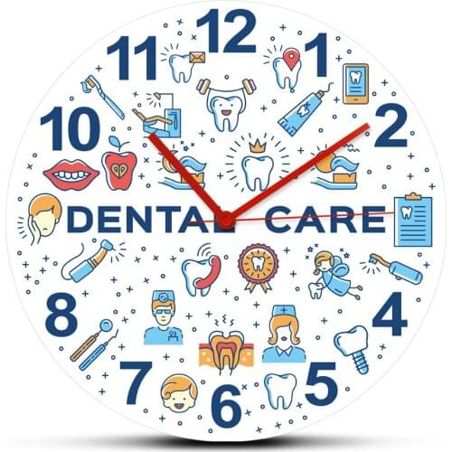Colorful Dentistry Teeth Art Icons Dental Care Stomatology Acrylic Wall Clock Wall Hanging Watch Dentists Office Decoration