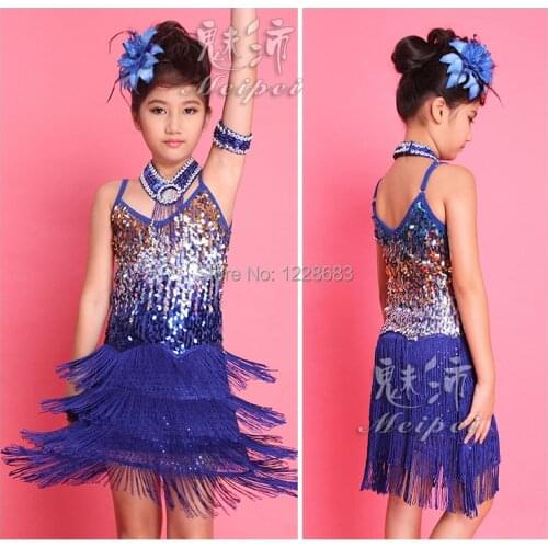 Hot Sale New Girls Children Salsa Performance Dresses Rainbow Sequin Fringe Latin Dance Dresses For Sale