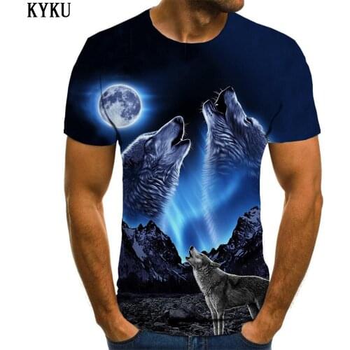 KYKU Brand Animal T shirt Men Wolf Tshirts Casual Moon Tshirt Printed Mountain Shirt Print Mens Clothing summer Cool Streetwear