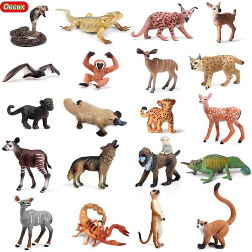 Oenux New Wild Animals Simulation Small Size Wolf Tiger Lion Figurines Miniature Action Figures Lizard Snake Toy For Kids Gift