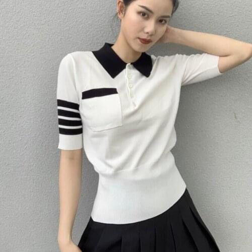 Pop knitted T-shirts New Vogue Vintage slim waist Tshirts Women O Neck Short Sleeve polo shirts Lady Girl tops