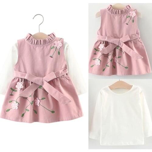 Girls Spring Autumn Dress Sets 2 Pcs Strap Dress+Long Sleeve Shirt Flower Print Casual Home Street Wear Toddler Kids Clothing
