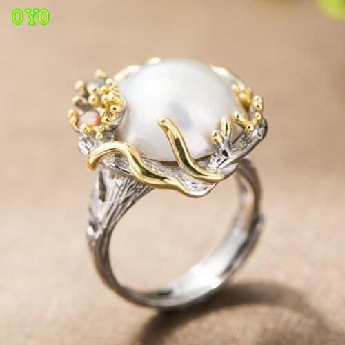 925 Silver Ring Vintage Flowers Natural Freshwater Pearl Ring