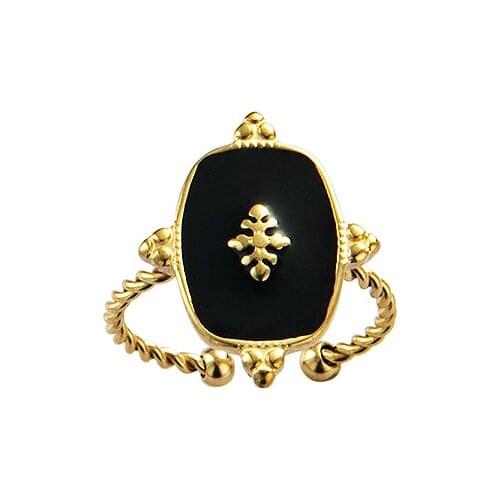 Vintage Stainless Steel Black Square Rings For Women Adjustable Twisted Circle Enamel Gold Open Rings Jewelry Anillos Mujer 2021